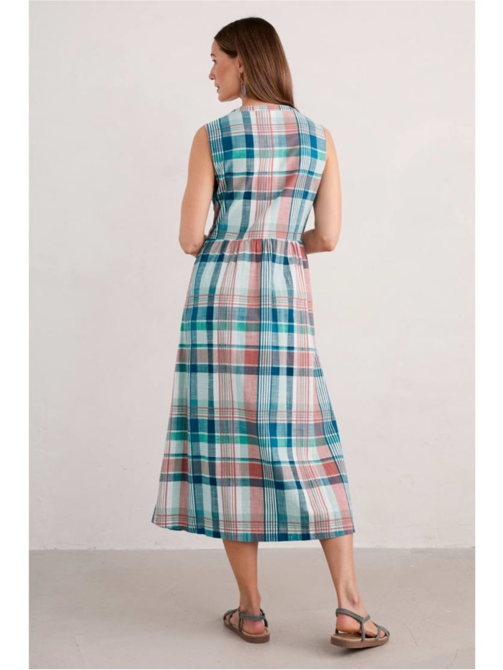 Seasalt Cornwall Bassett Wood Organic Cotton Check Plaid Midi Dress Teal Pink 4 - Picture 4 of 15